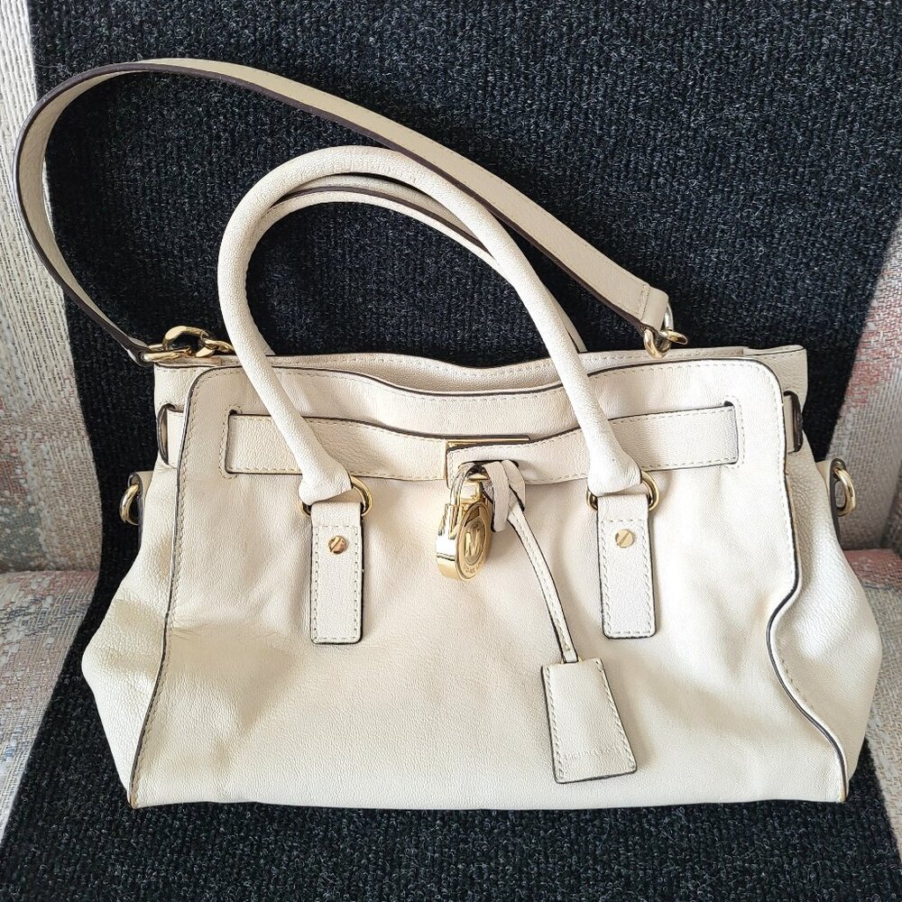 MICHAEL KORS Off White Leather Hamilton Satchel Shoulder Bag Purse Handbag